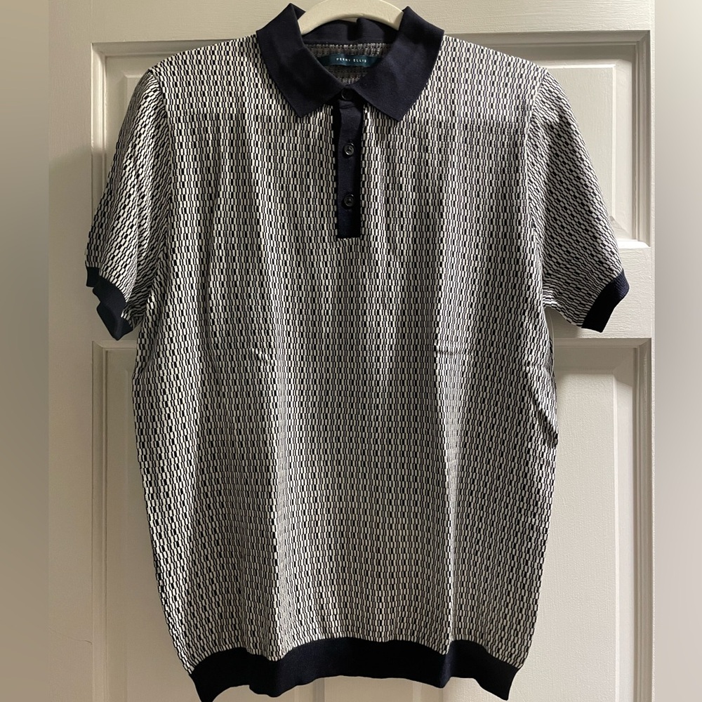Men's Black and White Patterned Polo Sweater